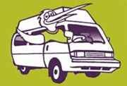 Cartoon kiwi bird next to a campervan on a New Zealand road trip