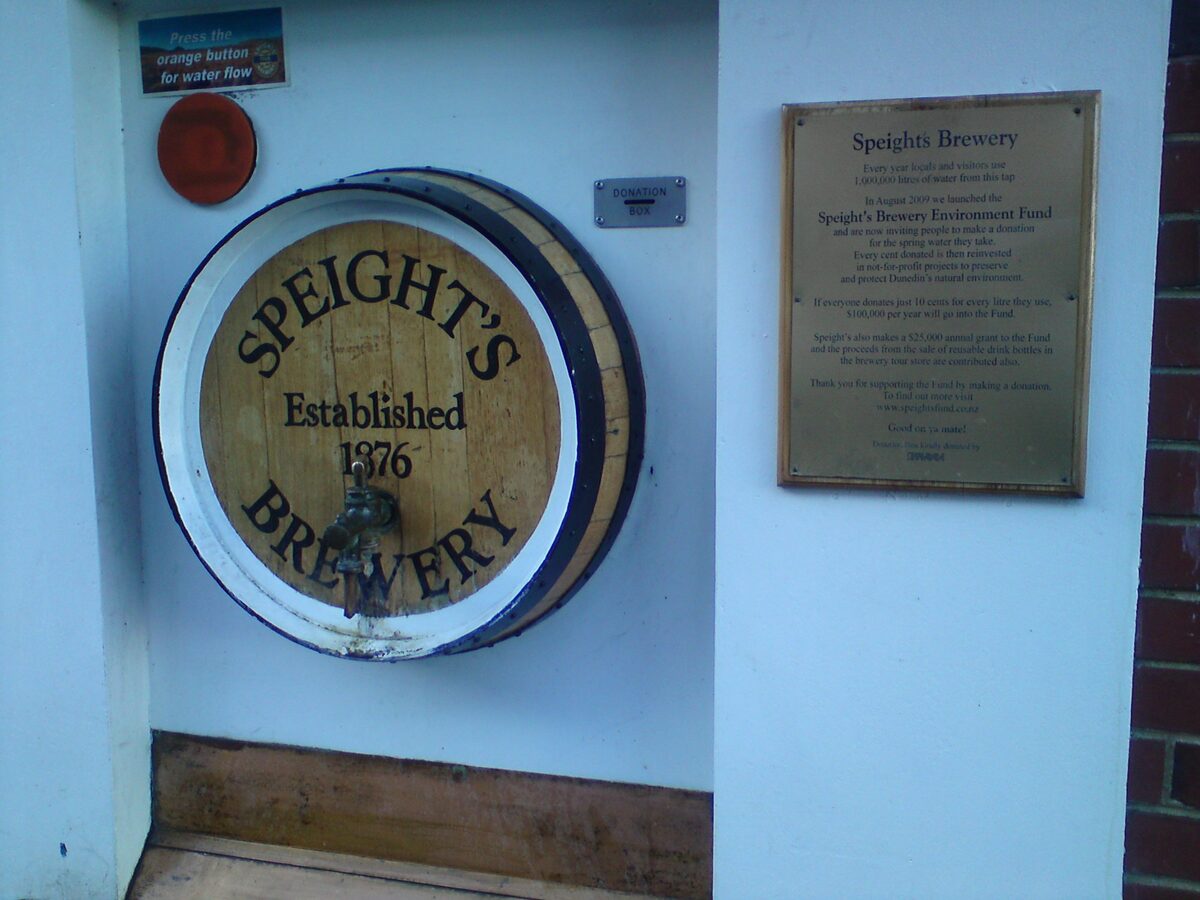 Speight's Brewery wall tap with barrel showing Established 1876 and free water for the public Dunedin